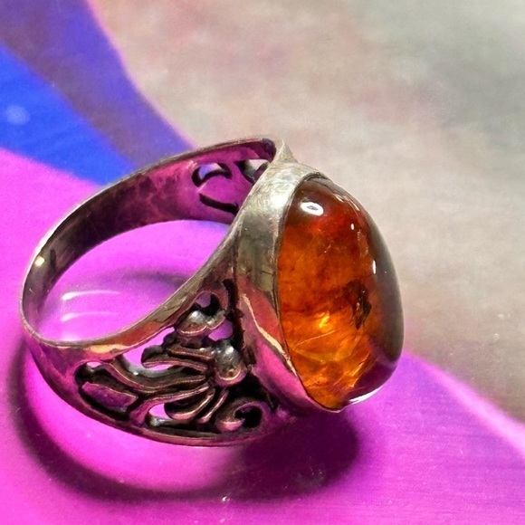 ZIV Amber Ring Sterling silver filigree cabochon Bezel set oval signed 6 5505 YA - Picture 9 of 15